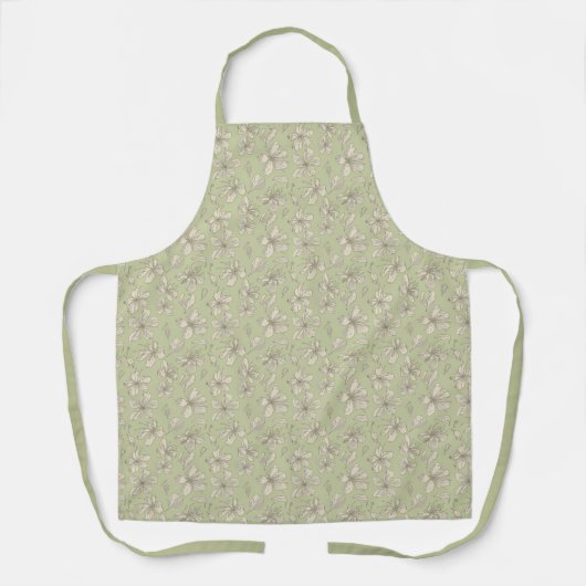 Tablier Fleurs jetées sur vert olive - motif sans soudure. (Recto)