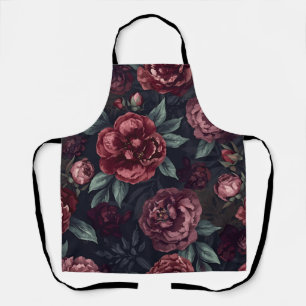 Tablier Fleurs lunatiques motif aquarelle rouge foncé