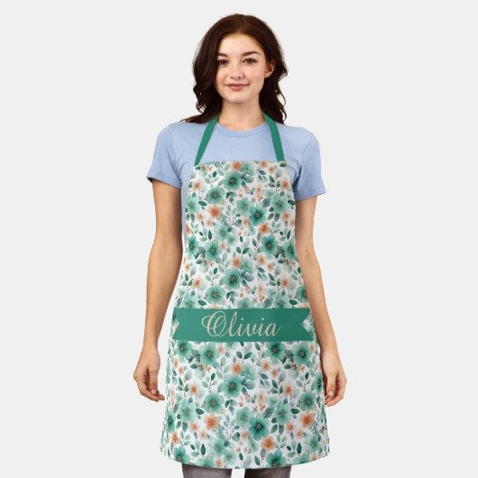 Tablier Fleurs personnalisées de printemps vintage vert (Porté)