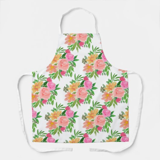 Tablier Fleurs roses à l'aquarelle sur fond blanc (Recto)