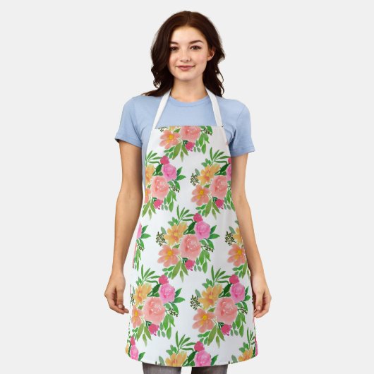 Tablier Fleurs roses aquarelle blanc (Porté)