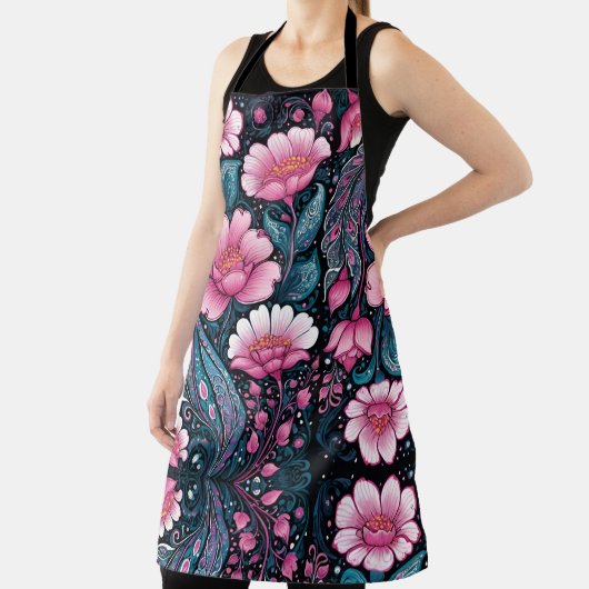 Tablier Fleurs roses en gras avec bleu et noir (Insitu)