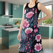 Tablier Fleurs roses en gras avec bleu et noir