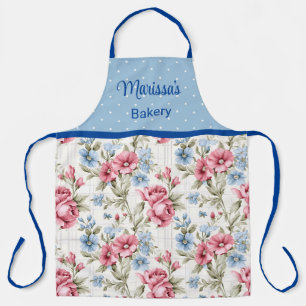Tablier Fleurs roses et bleues ciel - Monogramme à pois