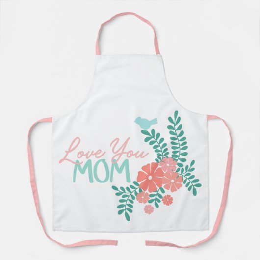 Tablier Fleurs roses et oiseaux bleus aiment texte maman (Recto)