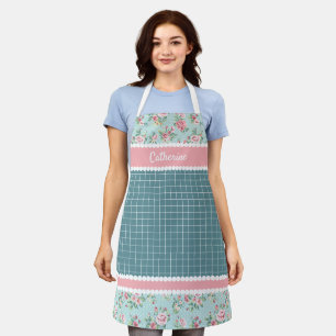 Tablier Fleurs roses personnalisées pastel françaises bleu