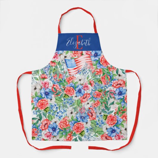 Tablier Fleurs rouges, blanches et bleues Monogramme 4 jui (Recto)