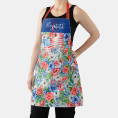 Tablier Fleurs rouges, blanches et bleues Monogramme 4 jui (Insitu)