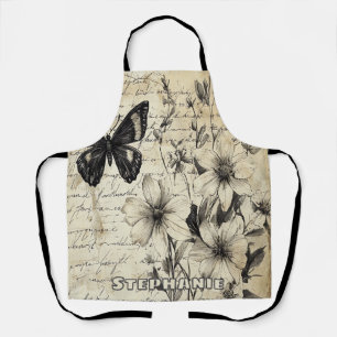 Tablier Fleurs rustiques et papillon - Papier vieilli