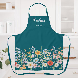 Tablier Fleurs sauvages aquarelle monogramme cuisine flora