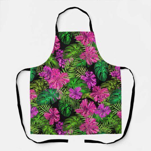 Tablier Fleurs tropicales et plantes en noir (Recto)