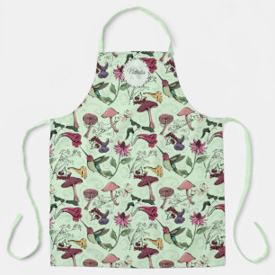 Tablier Fleurs vertes modernes, feuillage et colibri Nom