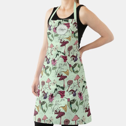 Tablier Fleurs vertes modernes, feuillage et colibri Nom (Insitu)