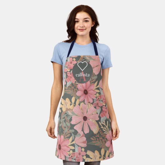 Tablier Fleurs vertes rose Sage Laisser Aquarelle Monogram (Porté)