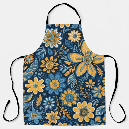Tablier Fleurs vintages Design Hippie Retro Bleu Jaune (Recto)