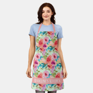 Tablier Fleurs violettes rose Mint Aquarelle Boho Cuisine