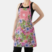 Tablier Fleurs Violettes Roses Feuilles Vertes Monogramme  (Insitu)
