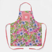 Tablier Fleurs Violettes Roses Feuilles Vertes Monogramme  (Recto)