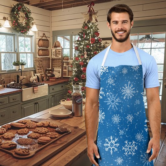 Tablier Flocons de Neige Bleus Classique Hiver Blanc
