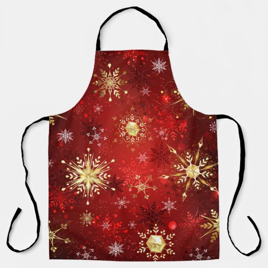 Tablier Flocons de neige dorés de Noël sur fond rouge (Recto)