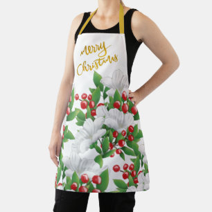 Tablier Floral blanc rouge vert Joyeux Noël d'or