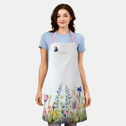 Tablier Floral d'aquarelle botanique moderne avec script (Porté)