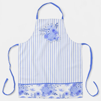 Tablier Floral et rayures bleu et blanc