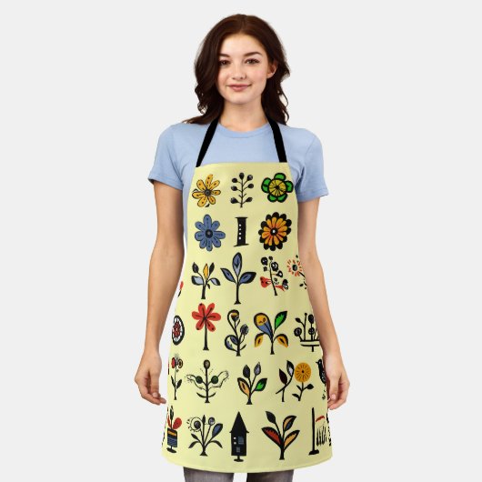 Tablier Floral folk coloré et oiseaux (Porté)