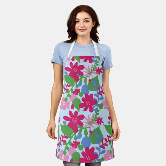 Tablier Floral lumineux avec Arrière - plan bleu clair (Porté)