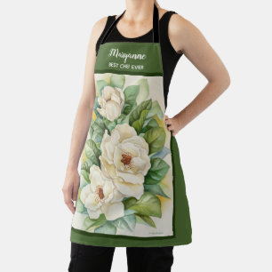 Tablier Floral Magnolia Ajouter un nom Green Watercolor