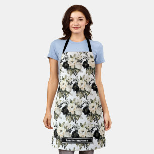 Tablier floral moderne noir et blanc à aquarelle