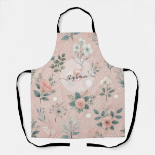 Tablier Floral rose rustique avec fleurs blanches et verdu