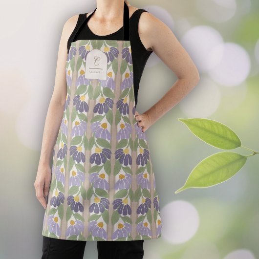 Tablier floral violet vintage avec monogramme