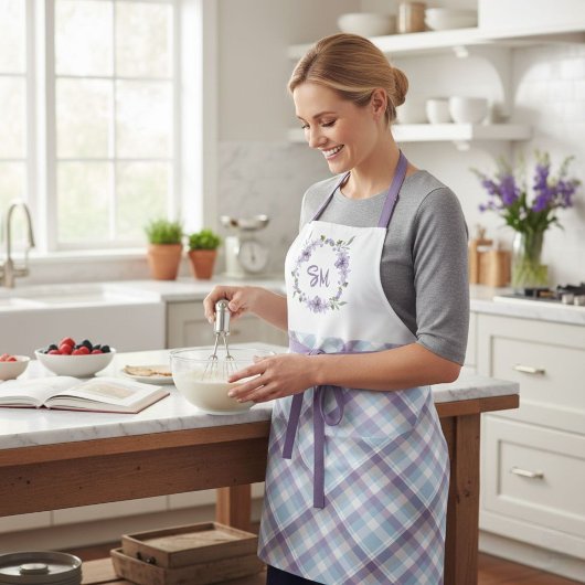 Tablier Floral Wreath Monogram Plaid Apron - Personalized 