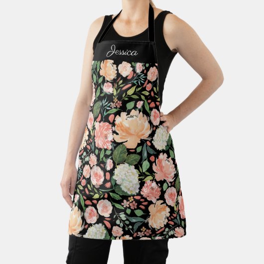 Tablier Flore d'aquarelle de printemps sur le nom noir (Insitu)