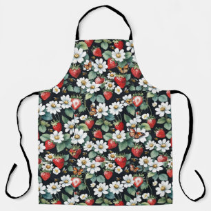 Tablier Fraises avec fleurs et papillons Noir