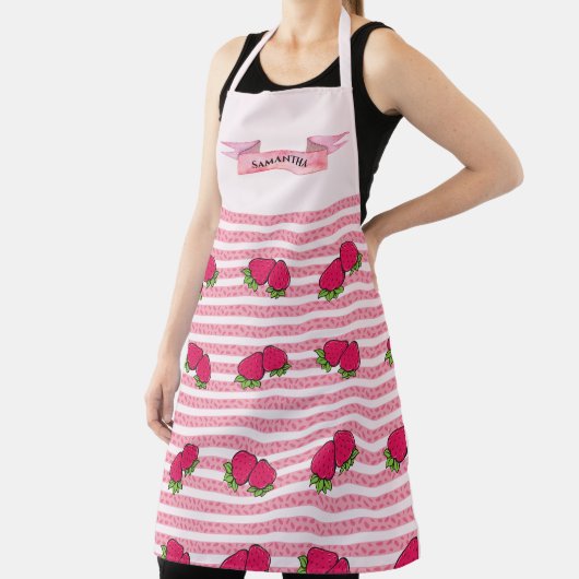 Tablier Fraises mignonnes et lignes roses Design Nom perso (Insitu)