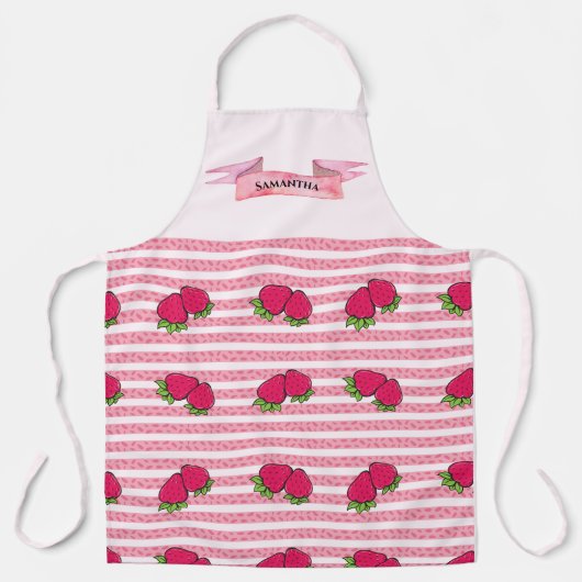 Tablier Fraises mignonnes et lignes roses Design Nom perso (Recto)