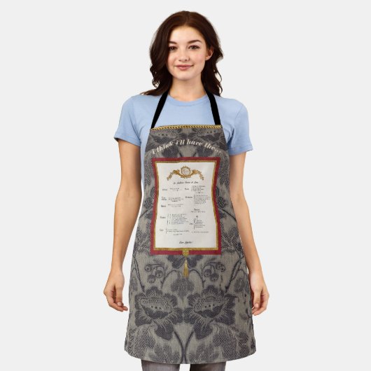 Tablier French Menu Elegant Damask Apron (Porté)