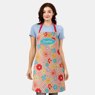 Tablier Fun Fleurs Vintages Motif À petits pois Sur Coral