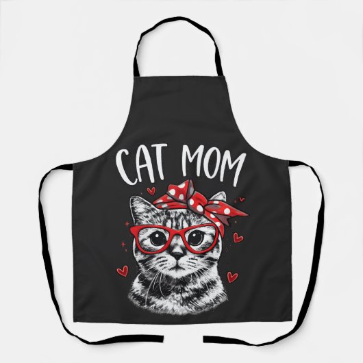 Tablier Funny Cat Mom with Glasses & Bandana Black Kitchen (Recto)