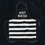 Tablier Funny Hot Mess noir blanc rayé<br><div class="desc">Ajoutez un peu de rire à votre temps de cuisine avec ce Funny Hot Mess Black White Striped Apron. Il est conçu avec des rayures horizontales et des lettres blanches en gras sur la surface solide supérieure. Vous pouvez également customiser les couleurs et le texte.</div>