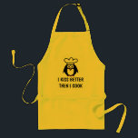 Tablier Funny quote aprons for adult boyfriend or husband<br><div class="desc">Funny quote aprons for adult boyfriend or husband. Cute cartoon penguin with chef hat and personalizable text. Humorous BBQ / Kitchen aprons for men in beige yellow and white.</div>
