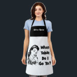 Tablier Funny Retro Bunco<br><div class="desc">Drôle femme rétro envisage "A quelle table dois-je aller ?" Tablier à thème élégant noir et blanc Bunco pour les joueurs de Bunco. Personnalisé avec Bunco Queen ou titre de votre choix. Un prix amusant ou un cadeau d'hôtesse.</div>