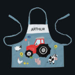 Tablier Garçons Cute Moderne Ferme Animaux Tracteur & Nom<br><div class="desc">Ce tablier pour enfants mignon et moderne présente des dessins animés d'animaux de ferme, avec un tracteur, des vaches, des cochons, des moutons, des poulets et des fleurs, et peut être personnalisé avec votre nom de garçon. Le cadeau idéal sur le thème de la ferme pour votre tout-petit ou enfant....</div>