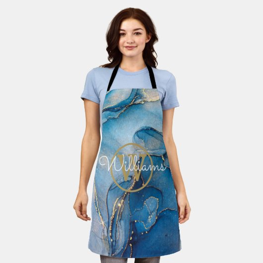 Tablier Géode Bleue Agate Or Monogramme Script Nom (Porté)