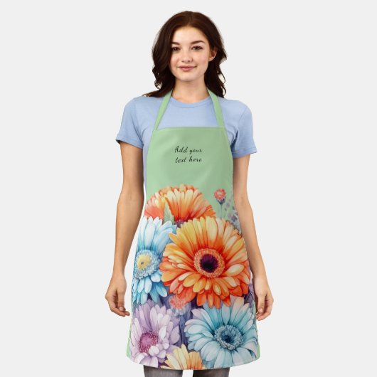 Tablier Gerbera flowers custom text green (Porté)