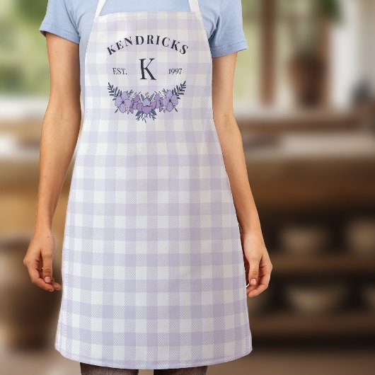 Tablier Gingham Floral Familial Monogramme Violet Clair