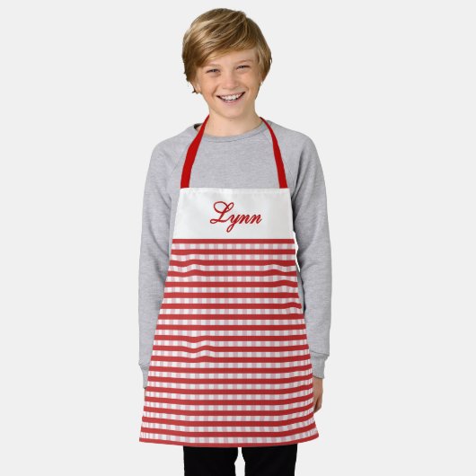 Tablier Gingham Rouge et Blanc Classique | Nom Personnalis (Porté)