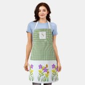 Tablier Gingham Vert de Ferme avec Monogramme de Fleurs Sa (Porté)